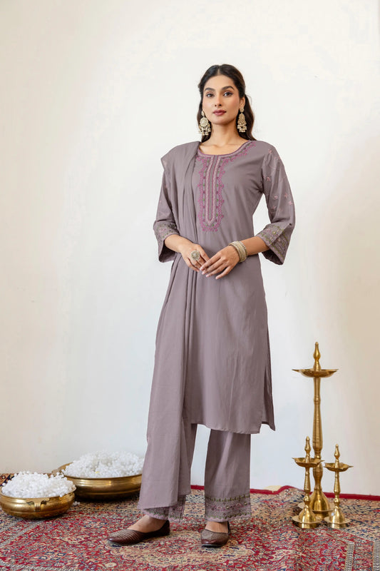 Pure Cotton Embroidered Straight 3-Piece Kurta Set with Dupatta