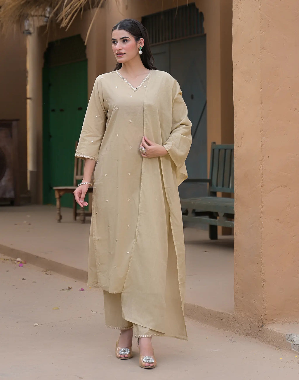 Tan Beige V-Neck Embroidered Mirror Work Straight 3 Piece Kurta Set with Dupatta