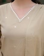 Tan Beige V-Neck Embroidered Mirror Work Straight 3 Piece Kurta Set with Dupatta