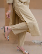 Tan Beige V-Neck Embroidered Mirror Work Straight 3 Piece Kurta Set with Dupatta