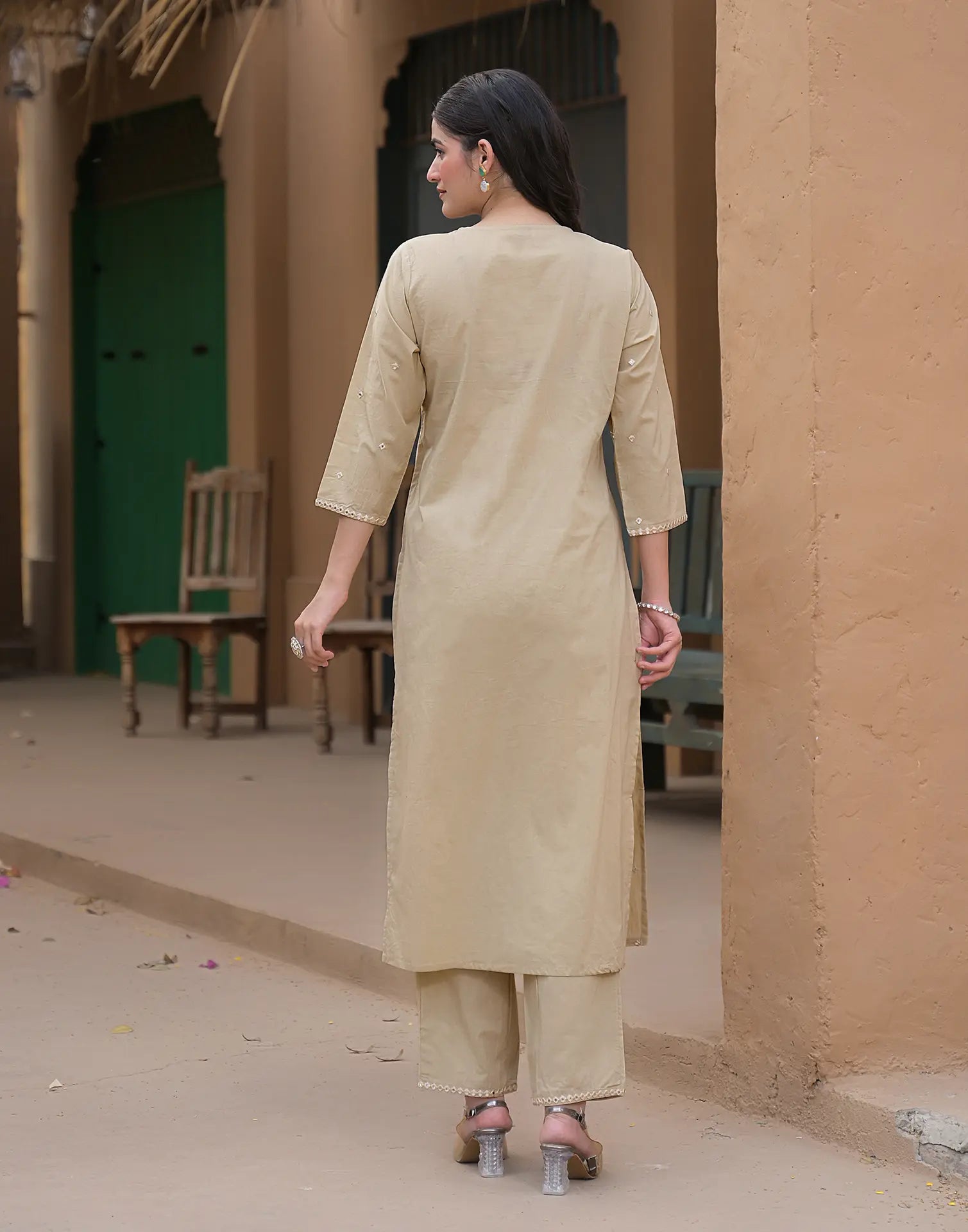 Tan Beige V-Neck Embroidered Mirror Work Straight 3 Piece Kurta Set with Dupatta