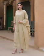 Tan Beige V-Neck Embroidered Mirror Work Straight 3 Piece Kurta Set with Dupatta