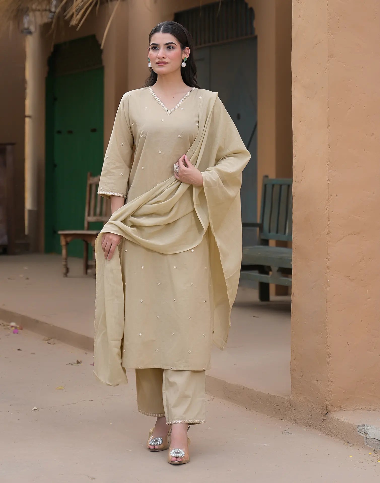 Tan Beige V-Neck Embroidered Mirror Work Straight 3 Piece Kurta Set with Dupatta