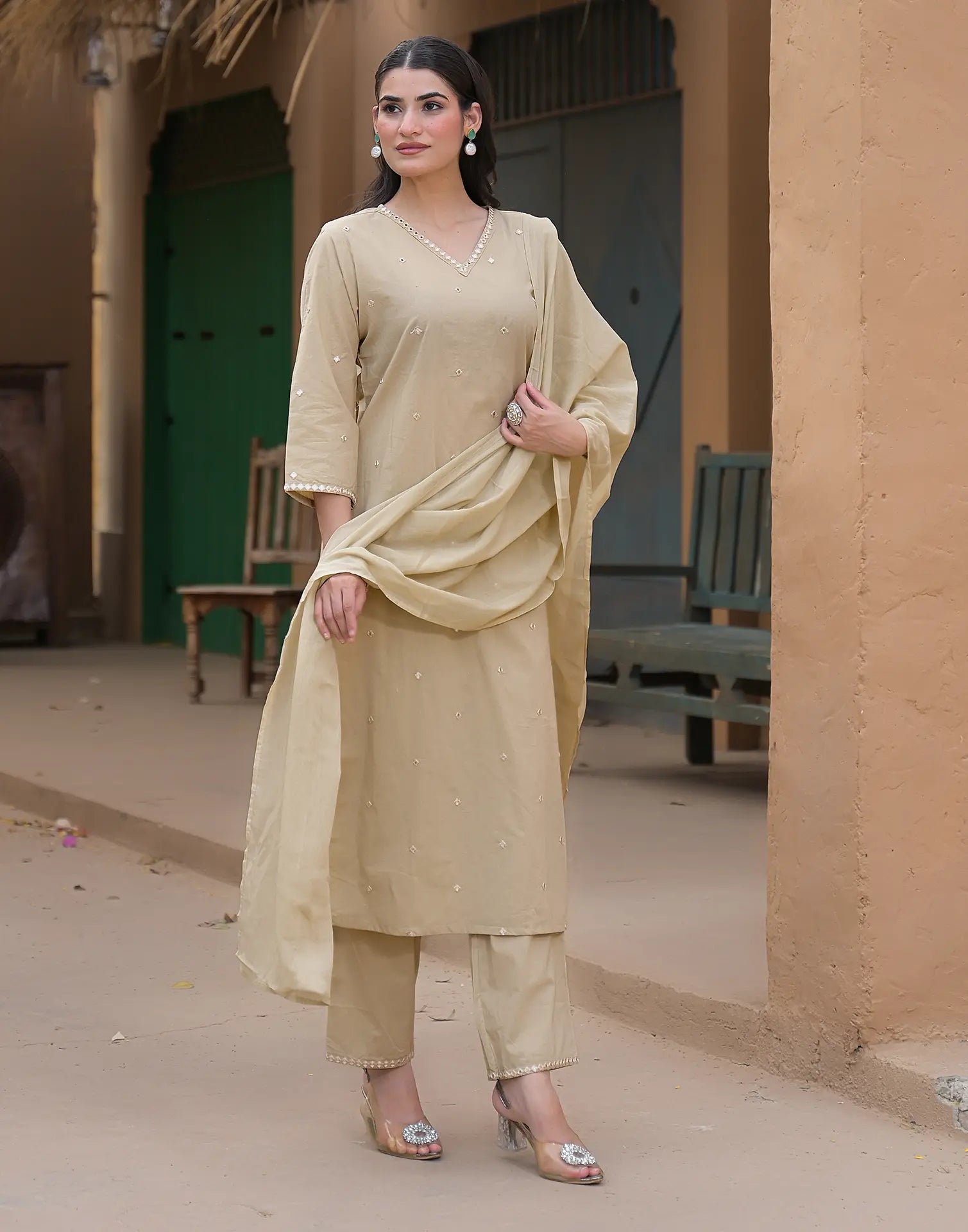 Tan Beige V-Neck Embroidered Mirror Work Straight 3 Piece Kurta Set with Dupatta