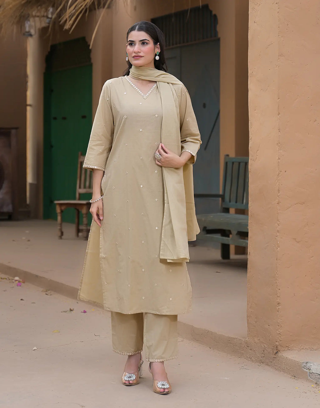 Tan Beige V-Neck Embroidered Mirror Work Straight 3 Piece Kurta Set with Dupatta