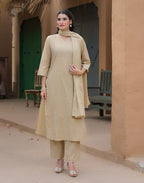 Tan Beige V-Neck Embroidered Mirror Work Straight 3 Piece Kurta Set with Dupatta