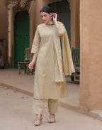 Tan Beige V-Neck Embroidered Mirror Work Straight 3 Piece Kurta Set with Dupatta