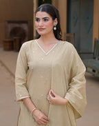 Tan Beige V-Neck Embroidered Mirror Work Straight 3 Piece Kurta Set with Dupatta