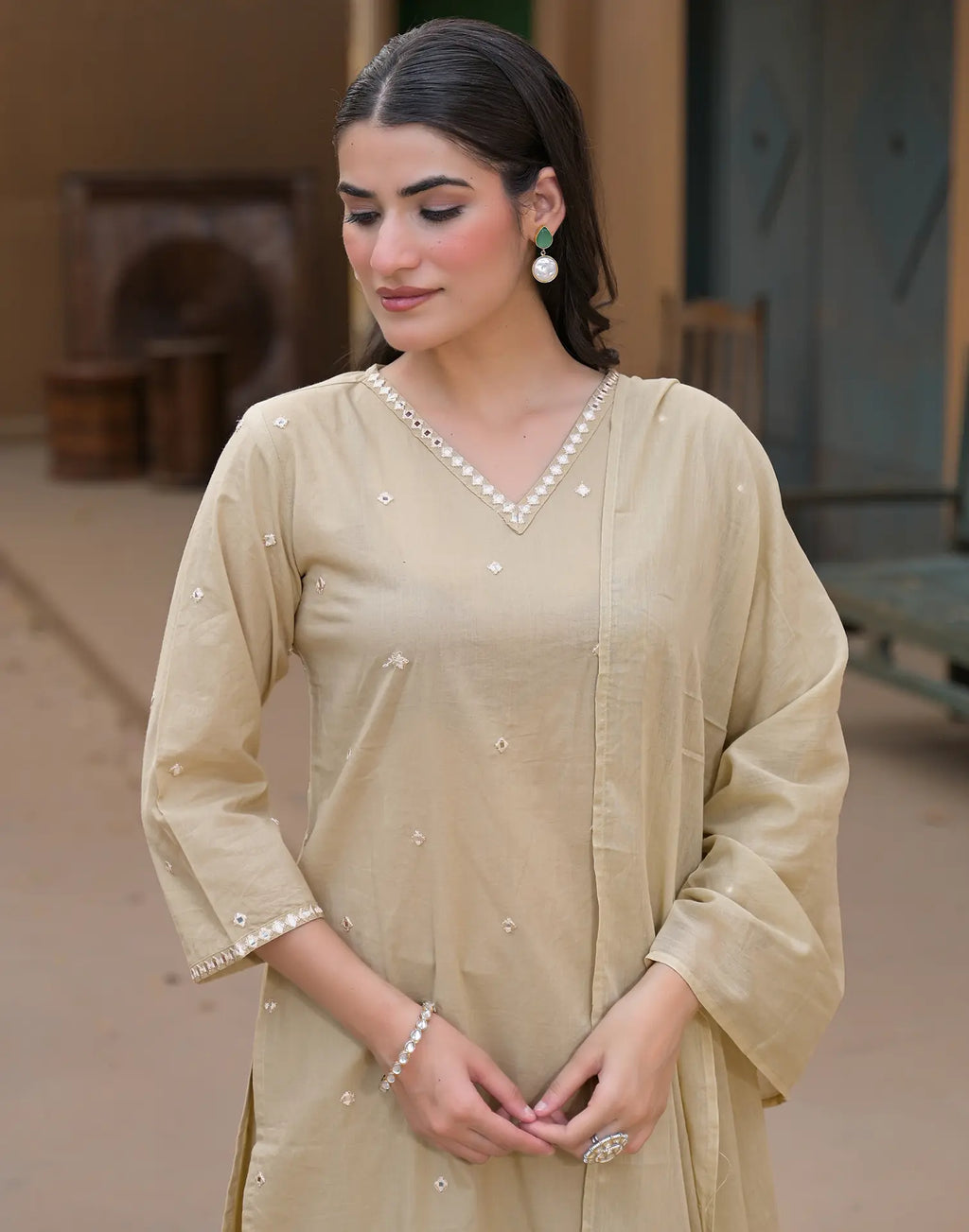 Tan Beige V-Neck Embroidered Mirror Work Straight 3 Piece Kurta Set with Dupatta