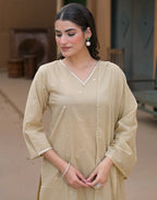 Tan Beige V-Neck Embroidered Mirror Work Straight 3 Piece Kurta Set with Dupatta