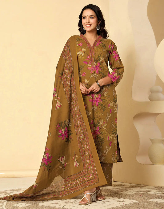 Cotton Printed Straight V-Neck Kurta with Pant & Dupatta