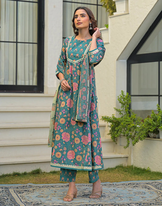 Cotton Floral Print A-Line 3 Piece Kurta Set