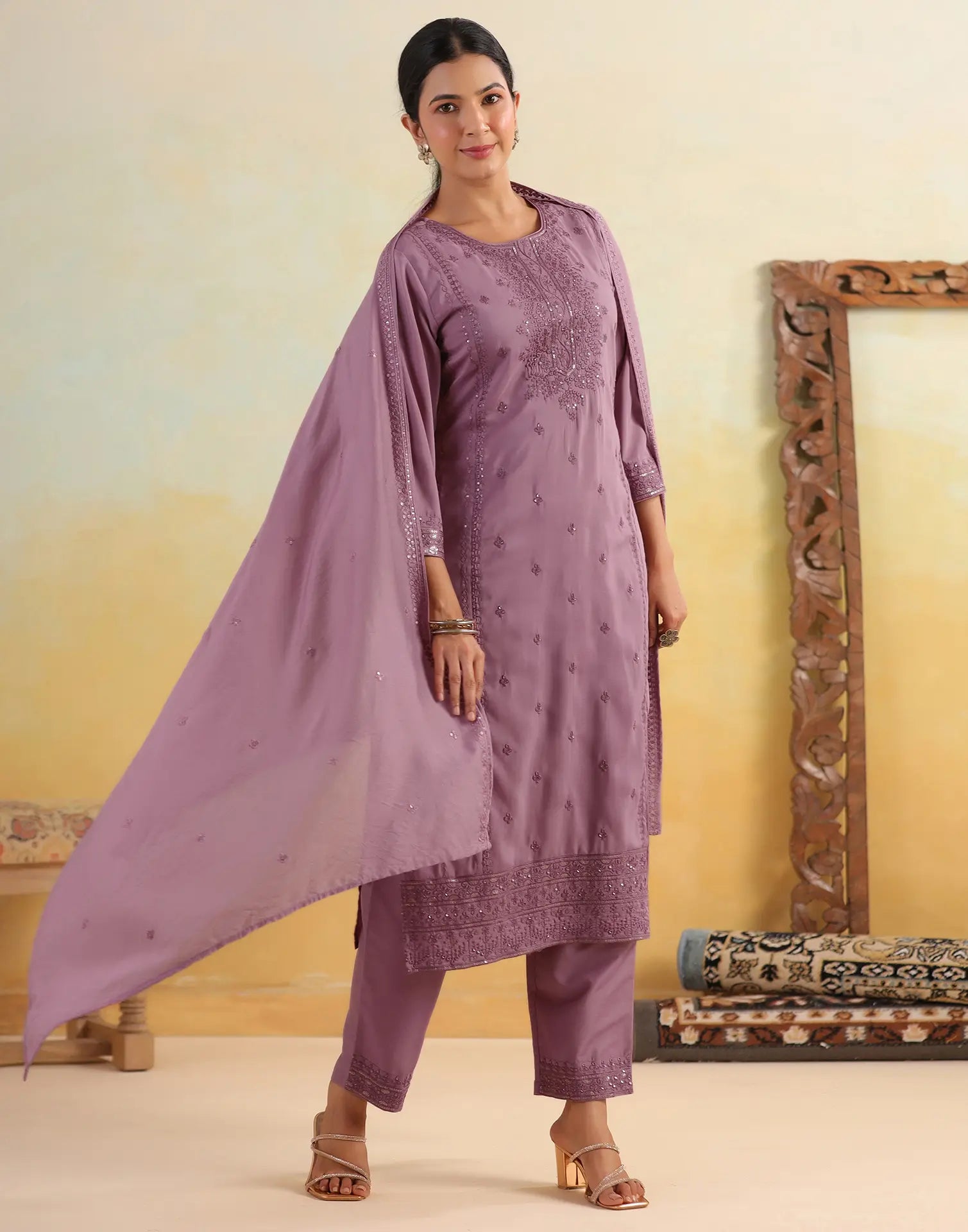 Skylee Silk Embroidered Straight 3 Piece Kurta Set For Woman