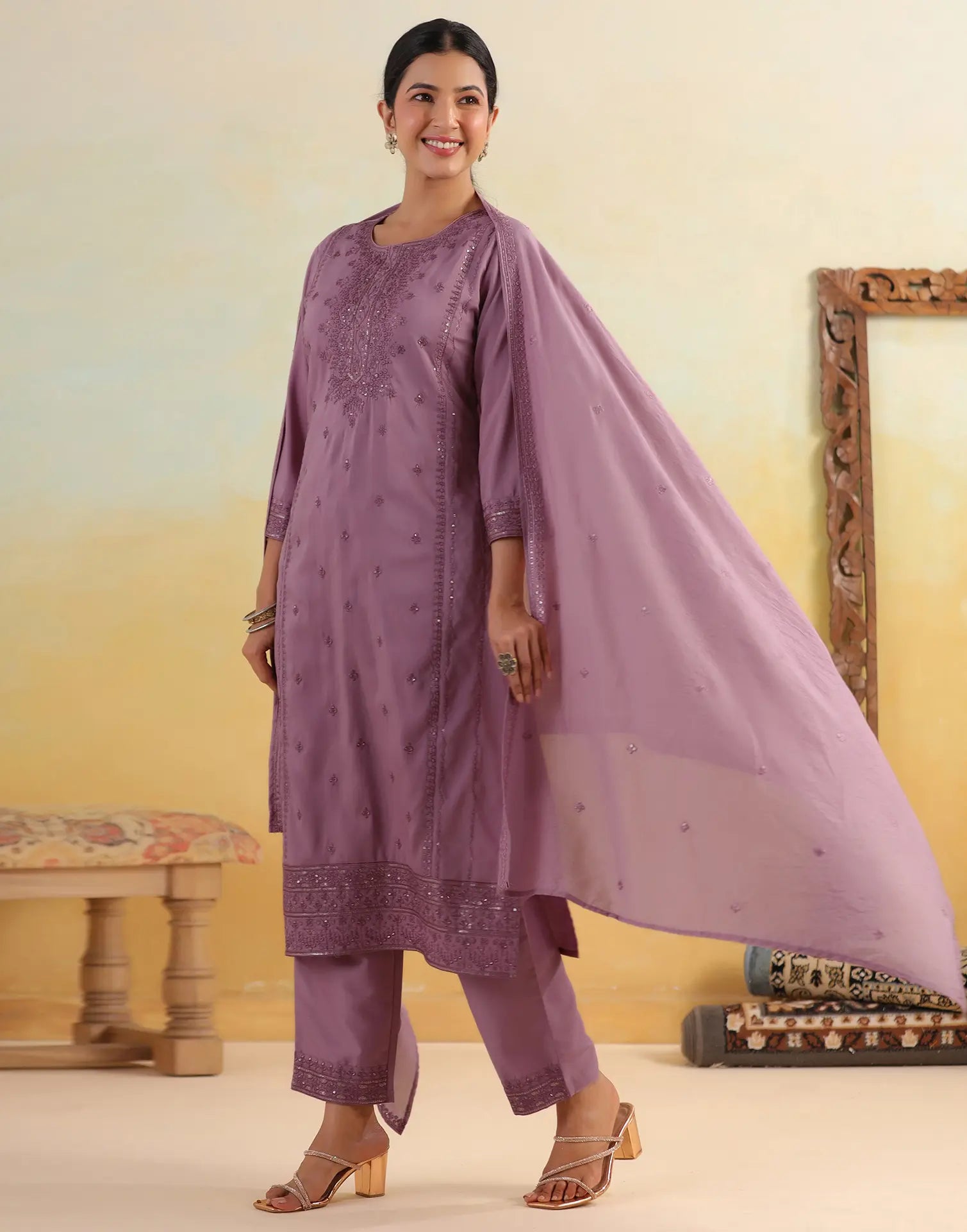 Skylee Silk Embroidered Straight 3 Piece Kurta Set For Woman