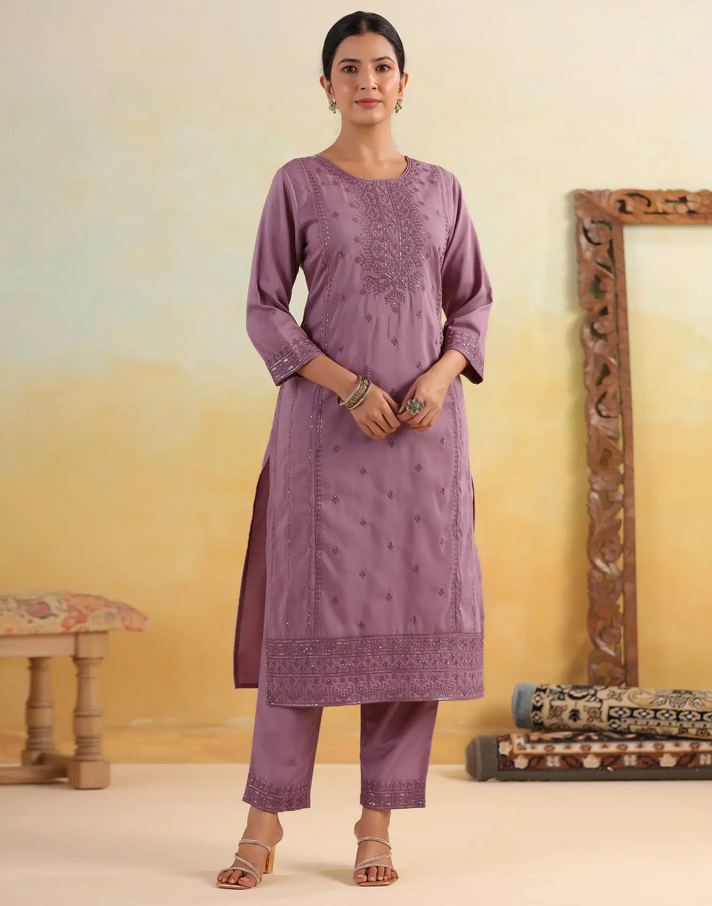 Skylee Silk Embroidered Straight 3 Piece Kurta Set For Woman