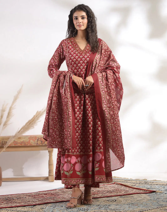 Cotton Foil Print Anarkali 3 Piece Kurta Set