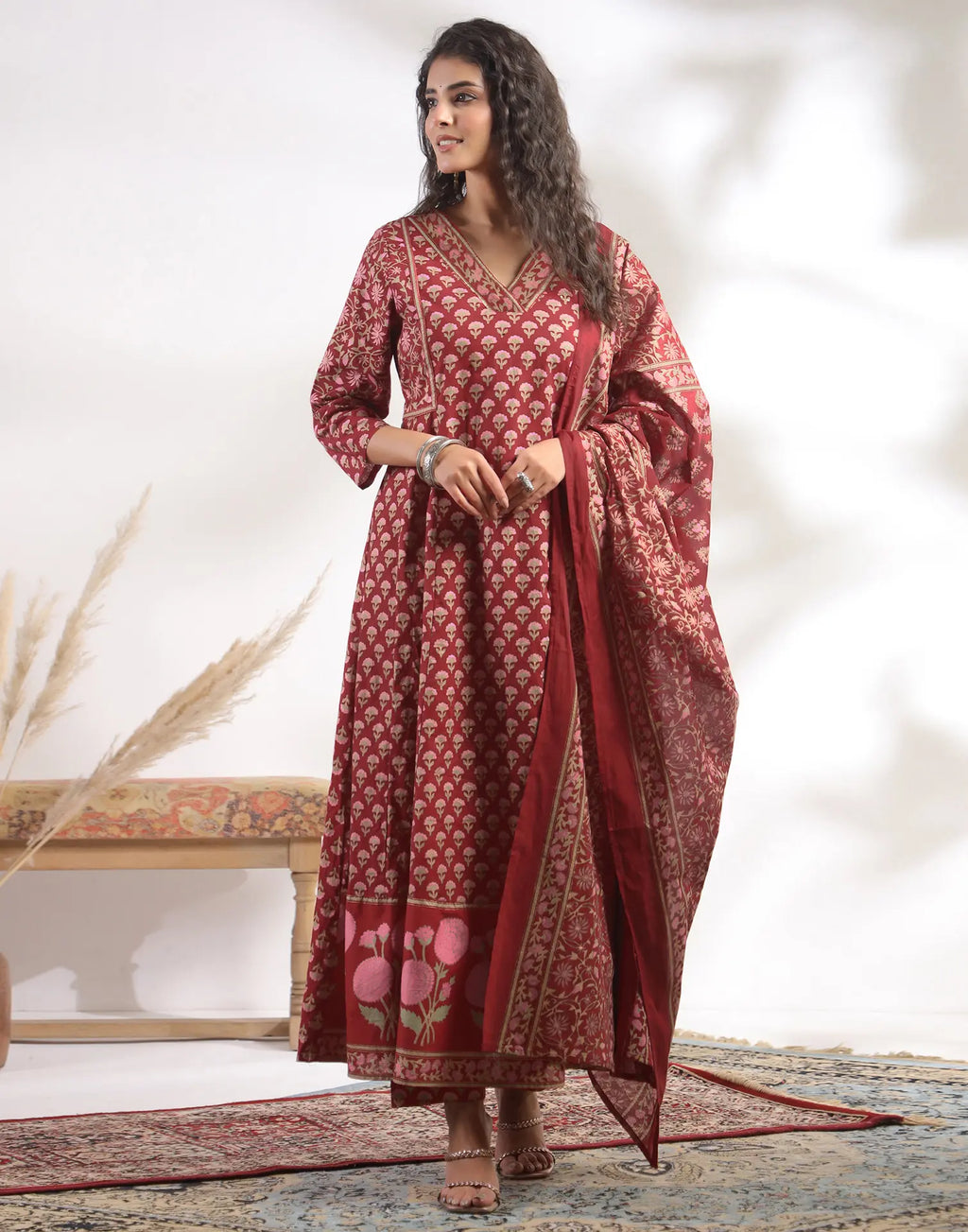 Skylee Cotton Foil Print Anarkali 3 Piece Kurta Set For Woman