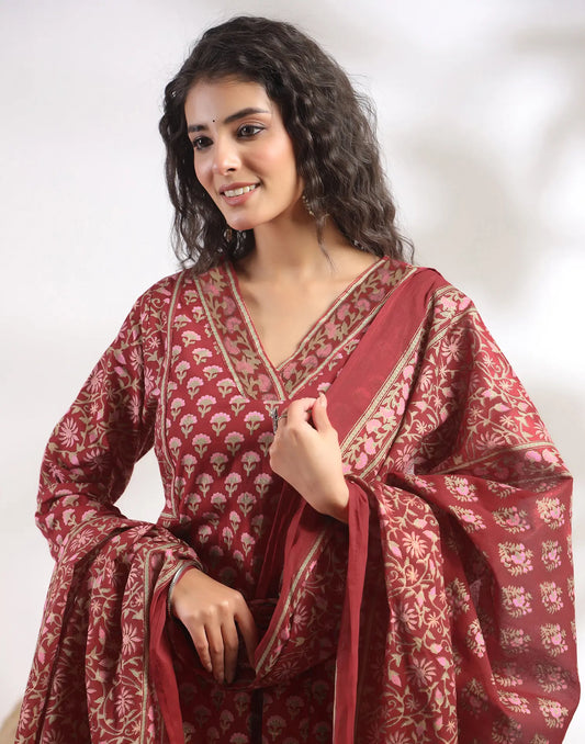 Cotton Foil Print Anarkali 3 Piece Kurta Set