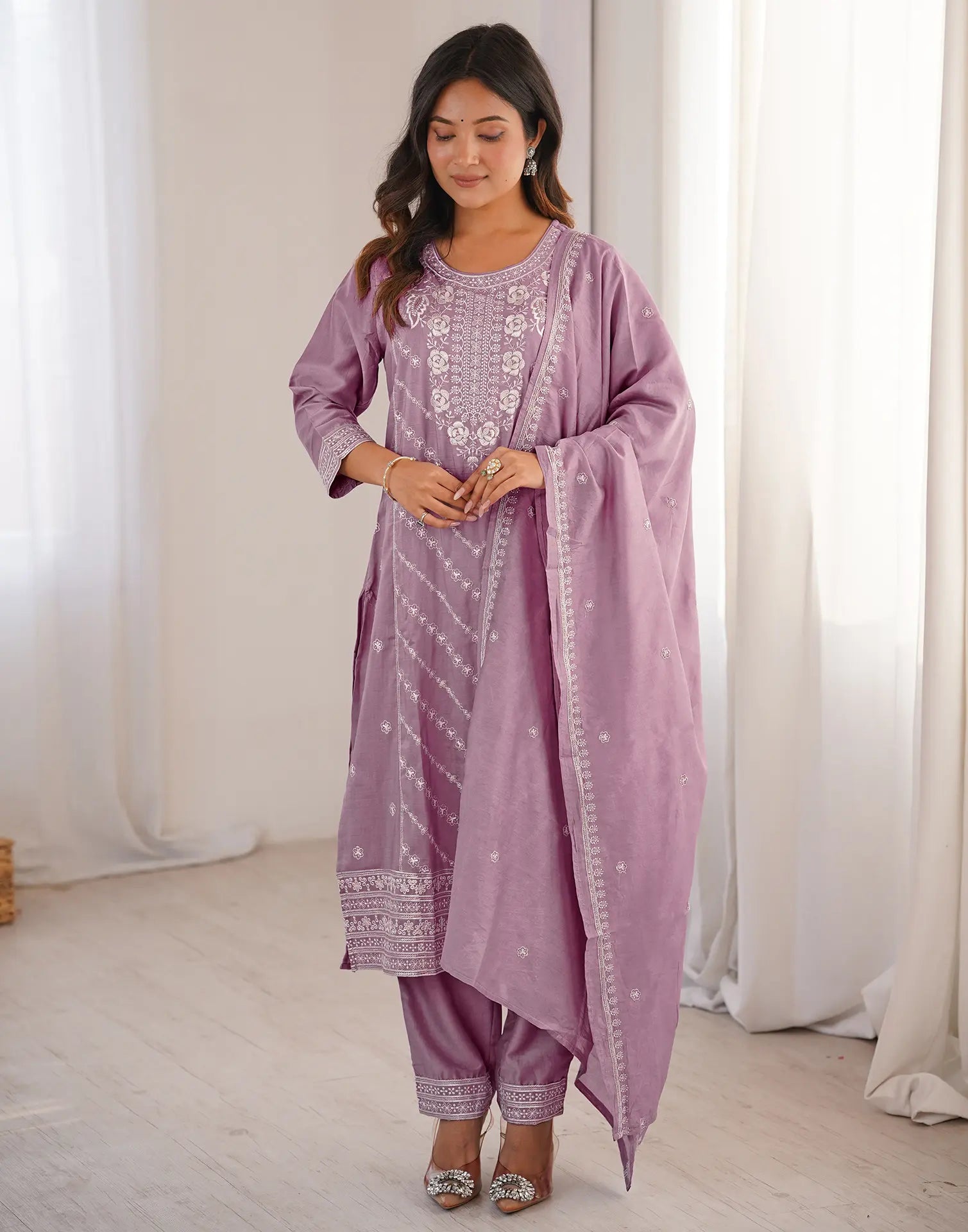 Skylee Silk Embroidered Straight 3 Piece Kurta Set For Woman