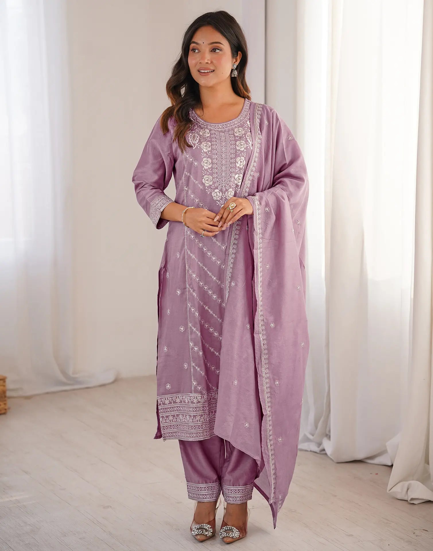 Skylee Silk Embroidered Straight 3 Piece Kurta Set For Woman