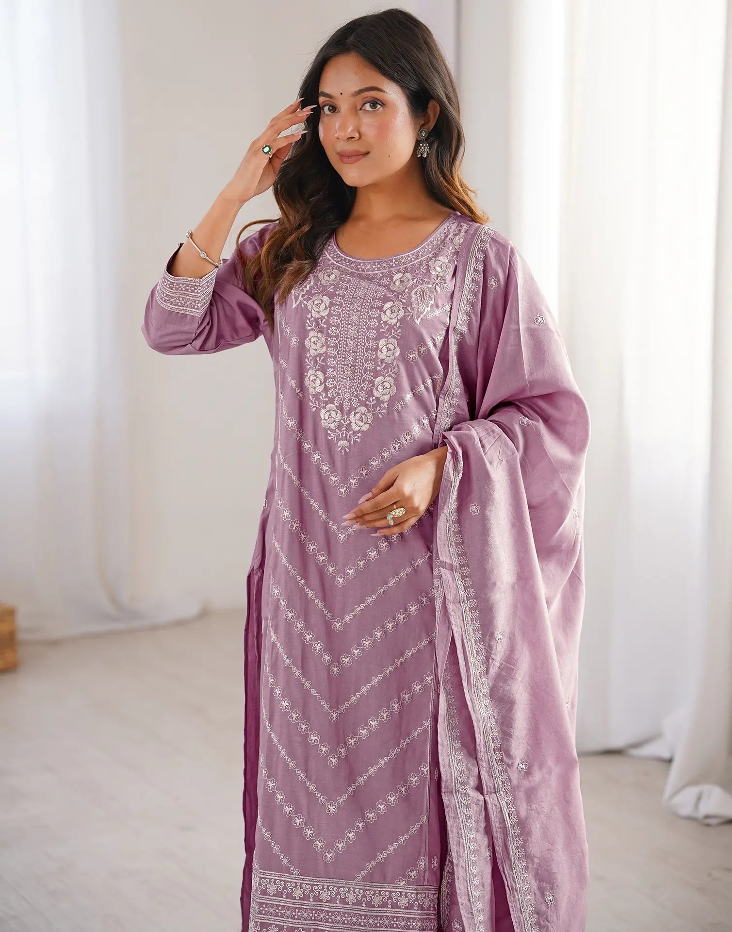 Skylee Silk Embroidered Straight 3 Piece Kurta Set For Woman