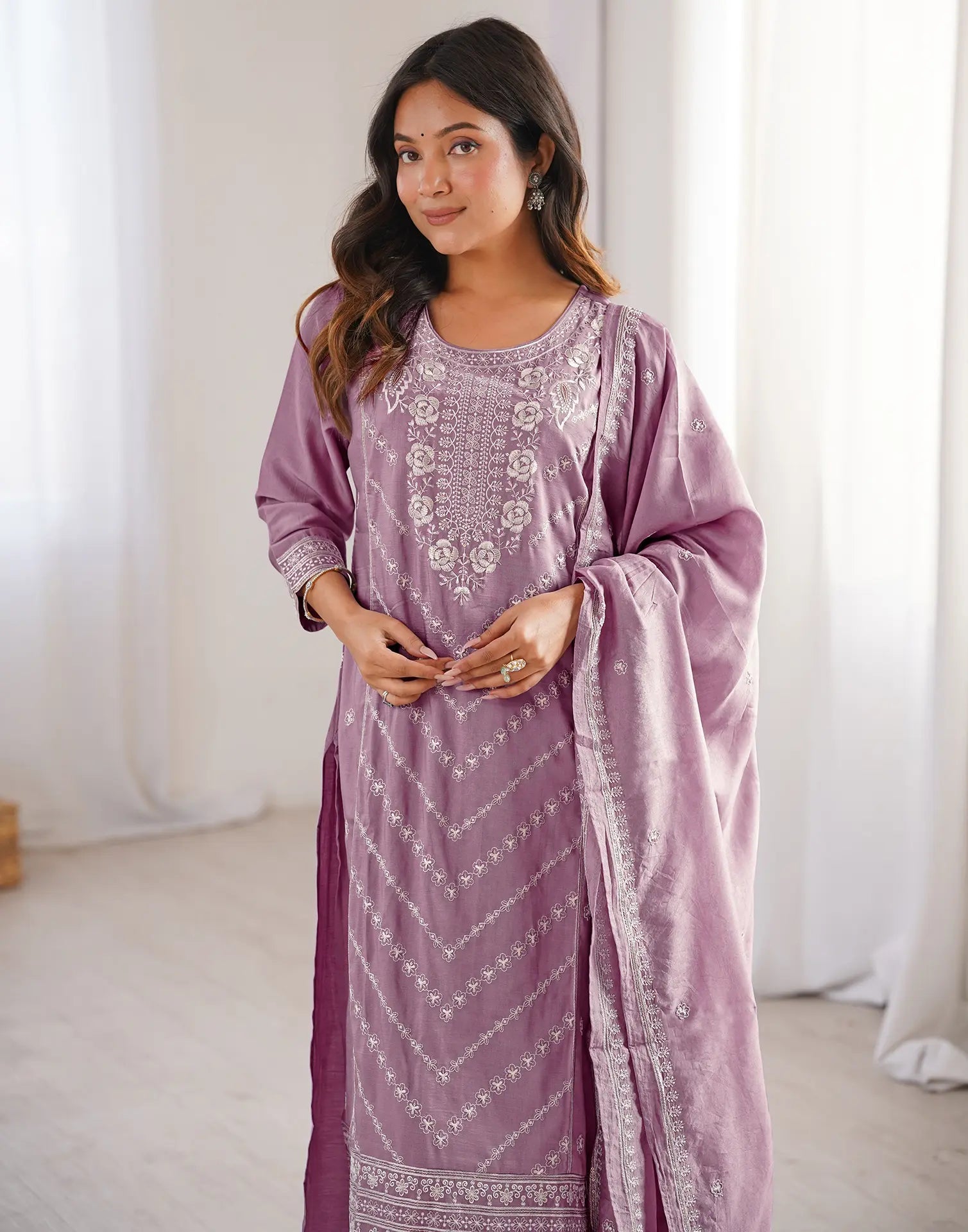 Skylee Silk Embroidered Straight 3 Piece Kurta Set For Woman