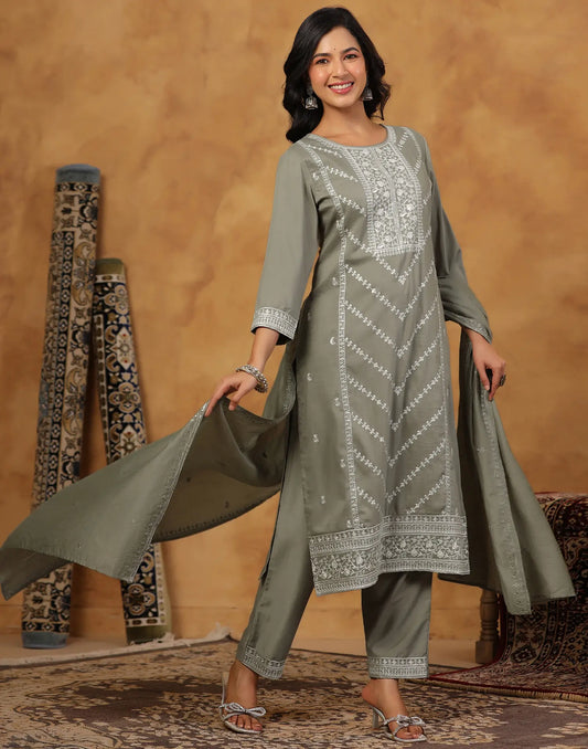 Silk Embroidered Straight 3 Piece Kurta Set