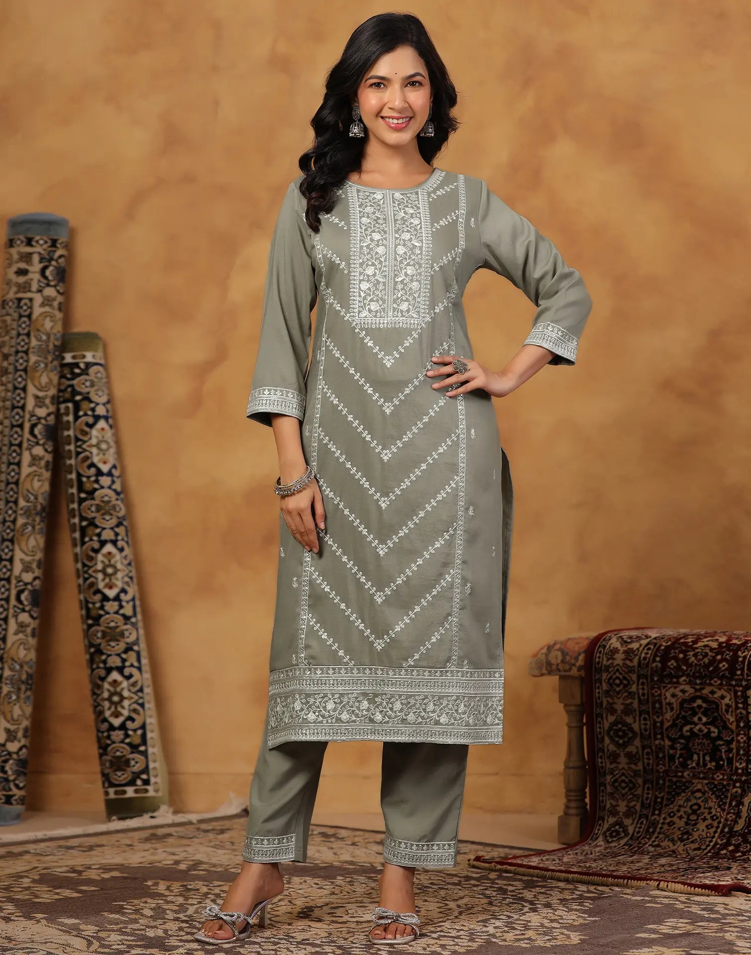 Skylee Silk Embroidered Straight 3 Piece Kurta Set For Woman