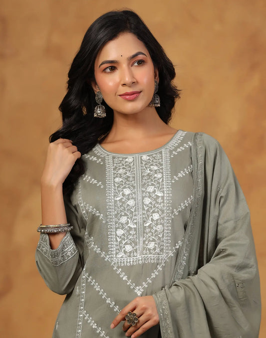 Silk Embroidered Straight 3 Piece Kurta Set