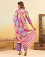 Skylee Silk Floral Print Straight 3 Piece Kurta Set For Woman