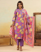 Skylee Silk Floral Print Straight 3 Piece Kurta Set For Woman