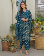 Skylee Cotton Printed Straight 3 Piece Kurta Set For Woman