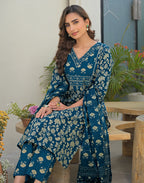 Skylee Cotton Printed Straight 3 Piece Kurta Set For Woman
