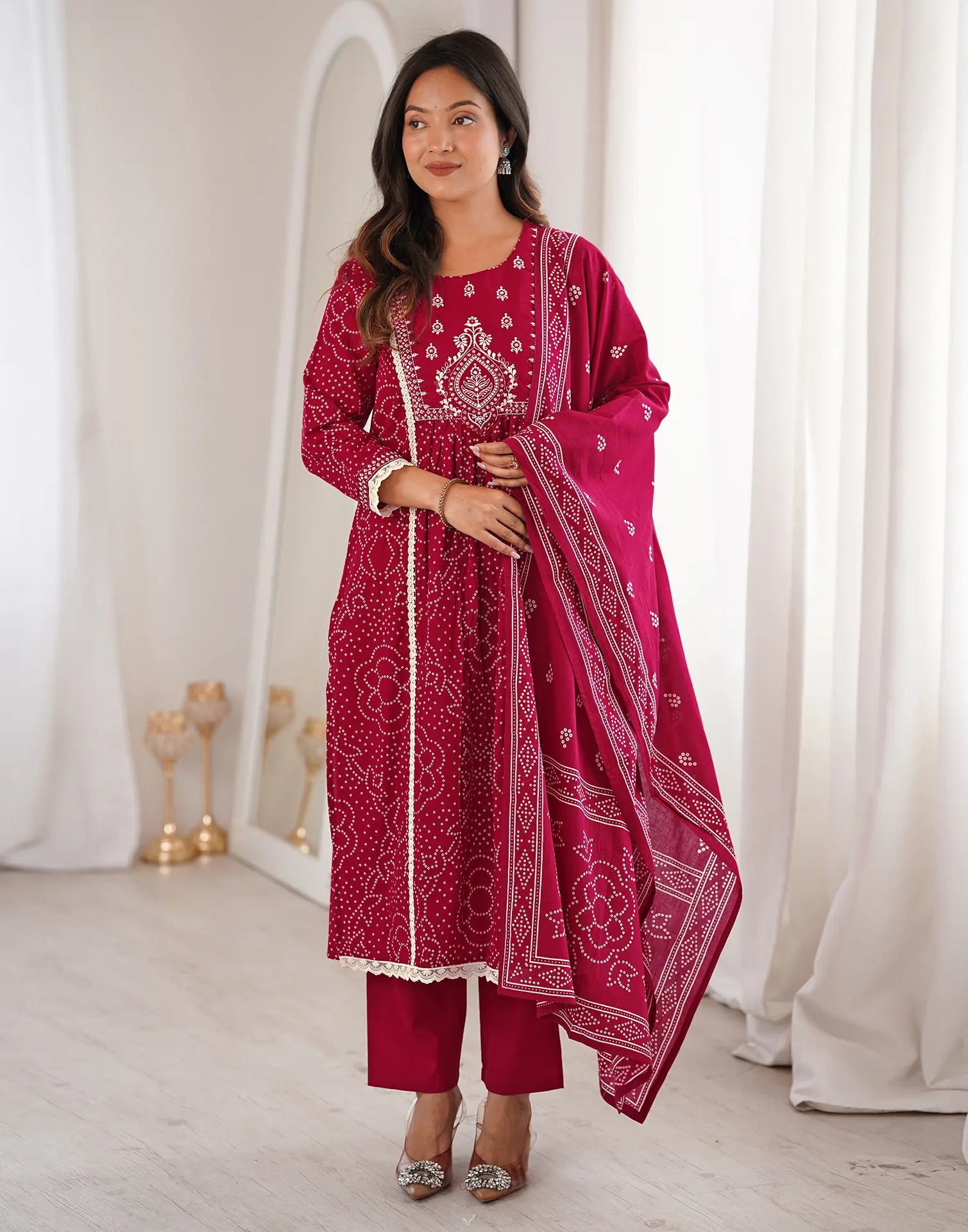 Skylee Viscose Bandhani Straight 3 Piece Kurta Set For Woman