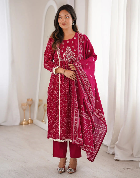 Tango Red Round Neck Embellished A-Line 3 Piece Kurta Set With Dupatta