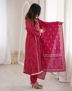 Skylee Viscose Bandhani Straight 3 Piece Kurta Set For Woman