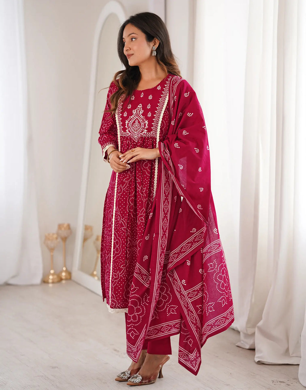 Skylee Viscose Bandhani Straight 3 Piece Kurta Set For Woman