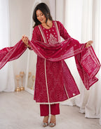 Skylee Viscose Bandhani Straight 3 Piece Kurta Set For Woman