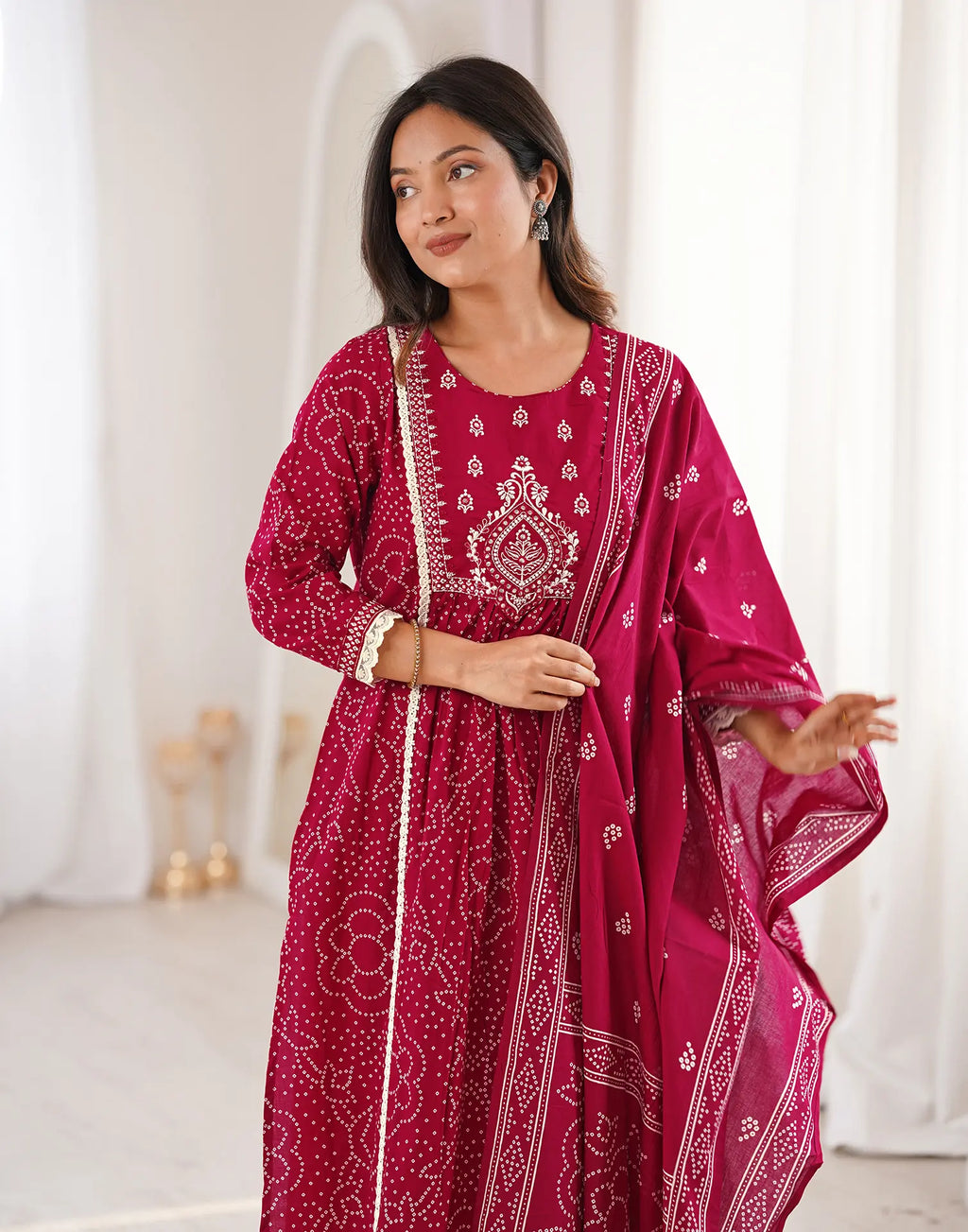 Skylee Viscose Bandhani Straight 3 Piece Kurta Set For Woman