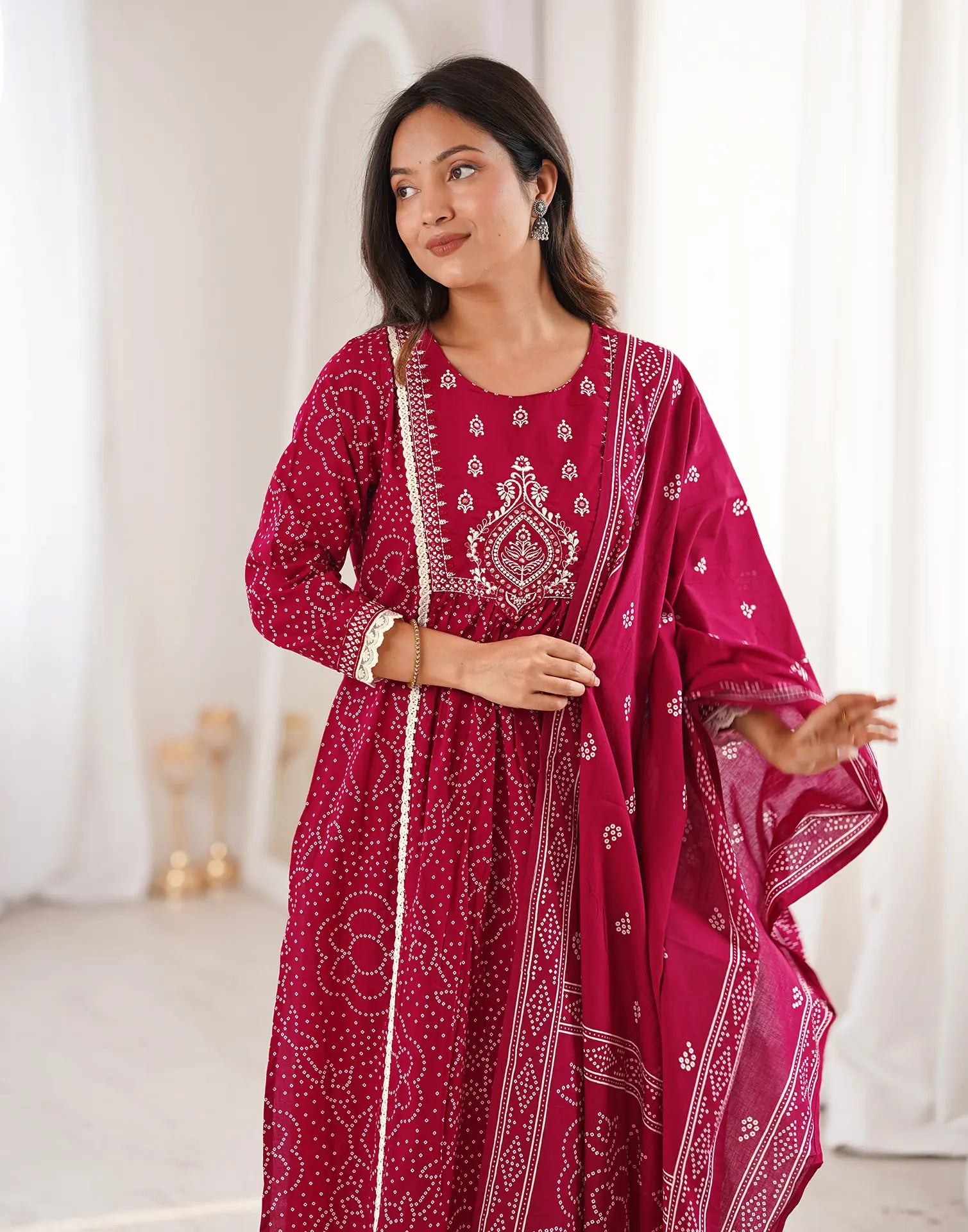 Skylee Viscose Bandhani Straight 3 Piece Kurta Set For Woman