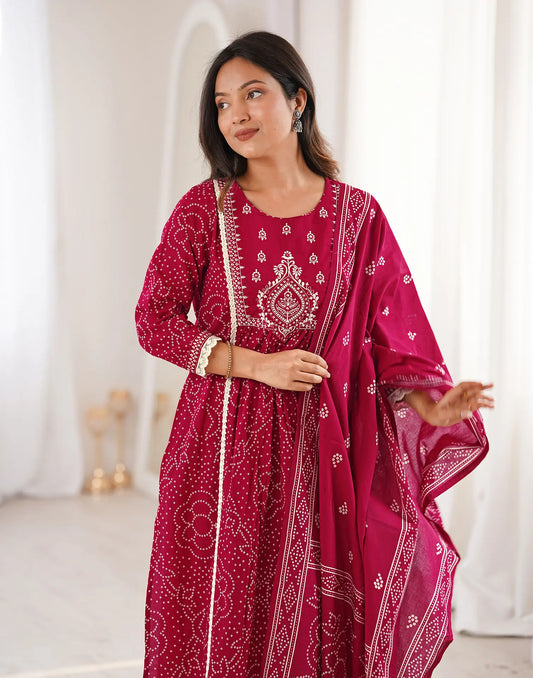 Tango Red Round Neck Embellished A-Line 3 Piece Kurta Set With Dupatta