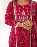 Skylee Viscose Bandhani Straight 3 Piece Kurta Set For Woman