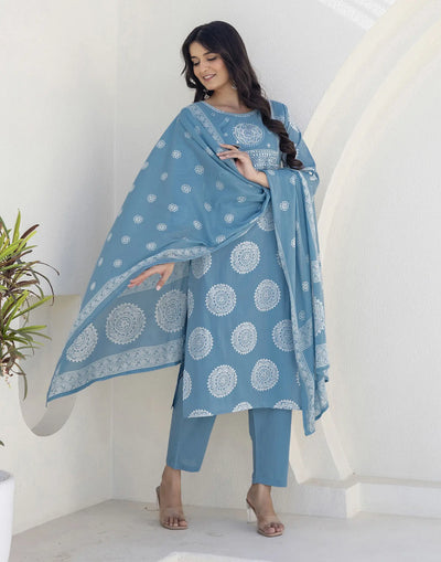 Steel Blue Round Neck Printed Straight 3 Piece Kurta Set With Dupatta