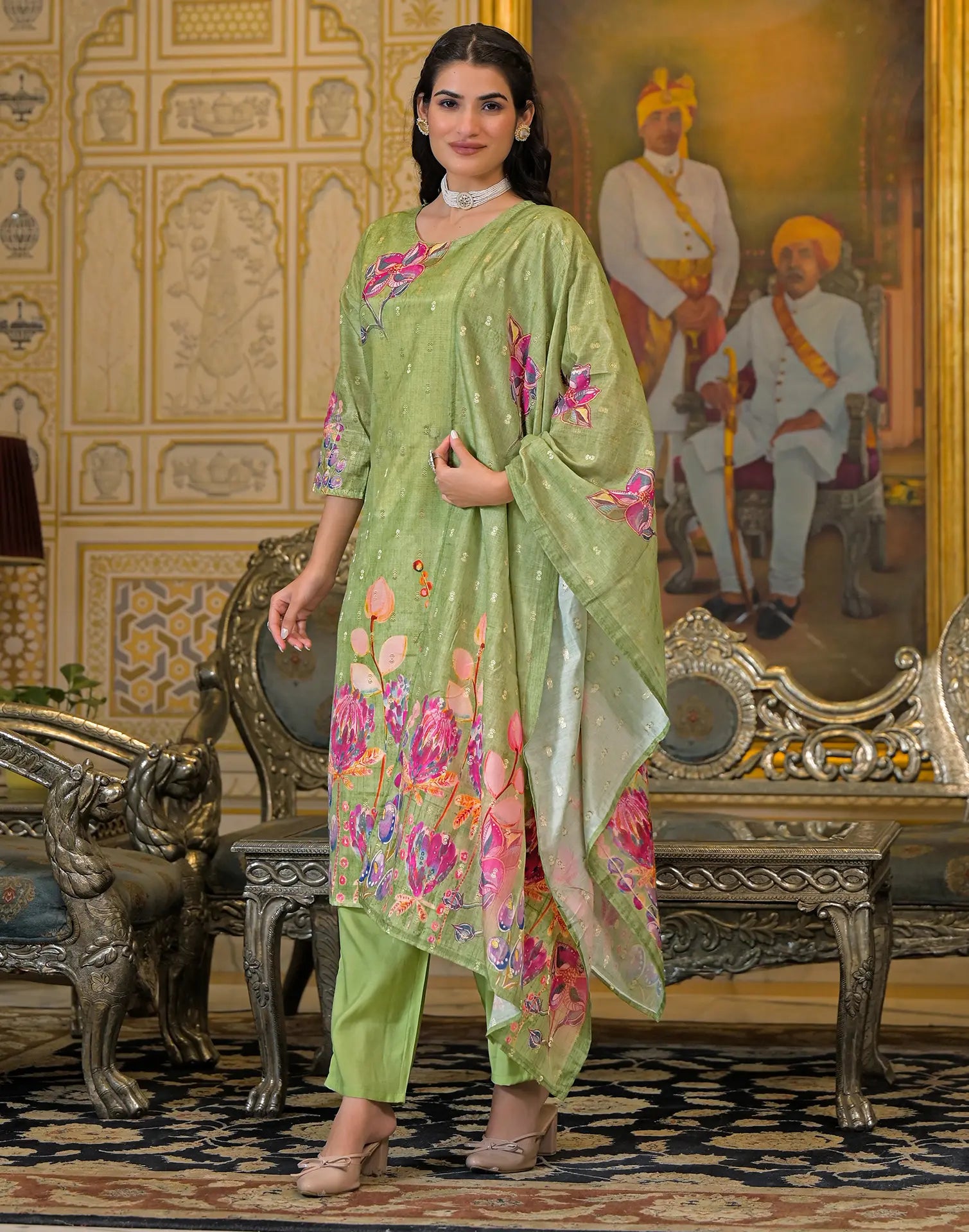 Silk Weaving Straight Round Neck Kurta with Pant & Dupatta