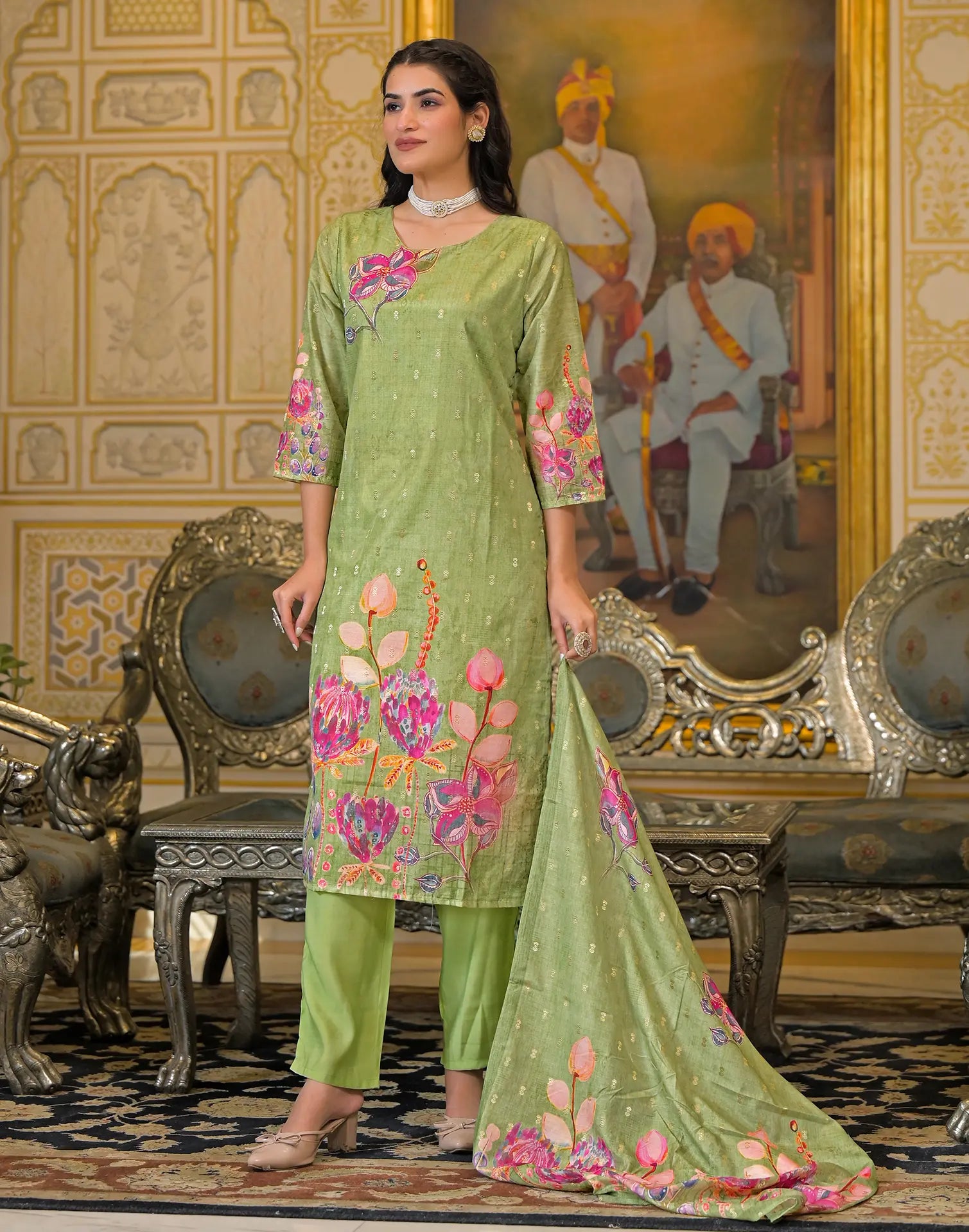 Silk Weaving Straight Round Neck Kurta with Pant & Dupatta