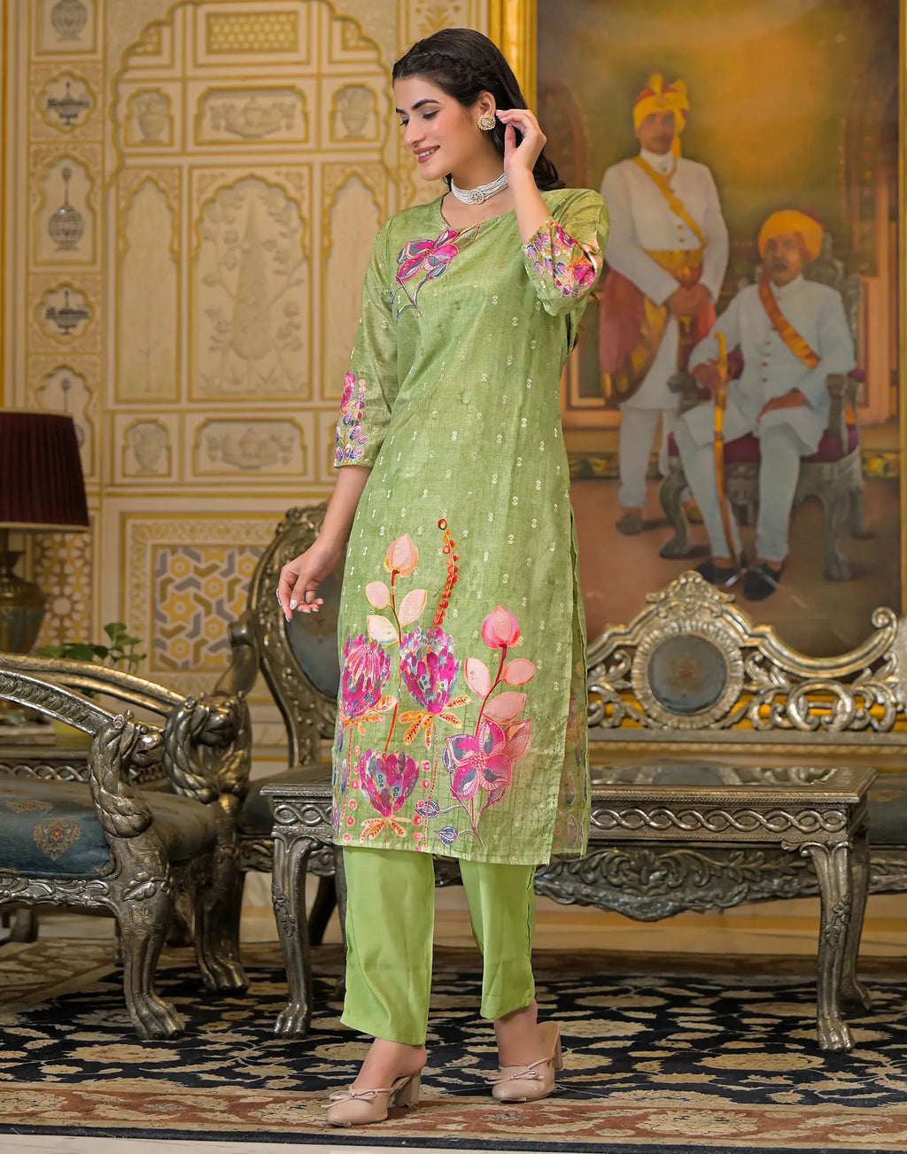 Silk Weaving Straight Round Neck Kurta with Pant & Dupatta