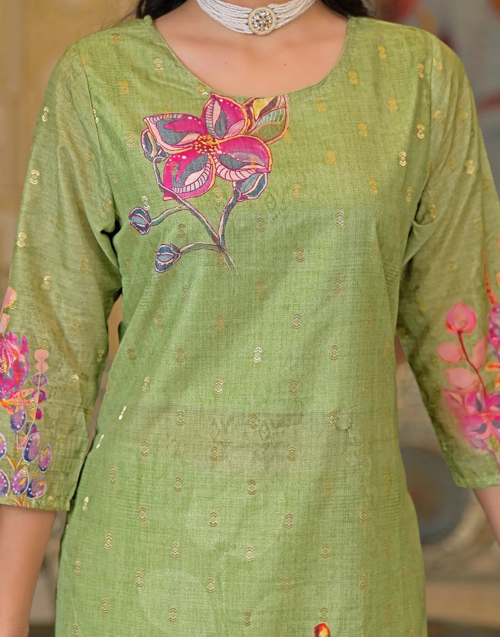 Silk Weaving Straight Round Neck Kurta with Pant & Dupatta