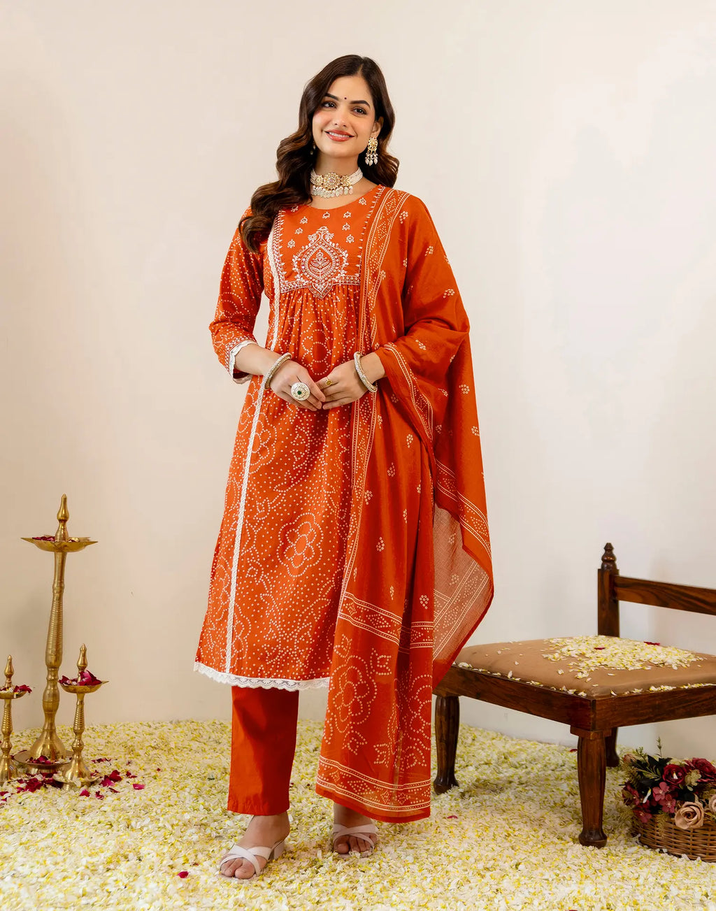 Skylee Viscose Bandhani Straight 3 Piece Kurta Set For Woman