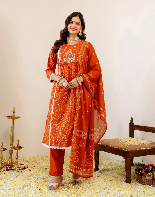 Persimmon Orange Round Neck Embellished A-Line 3 Piece Kurta Set With Dupatta