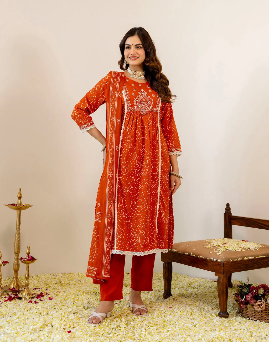 Skylee Viscose Bandhani Straight 3 Piece Kurta Set For Woman